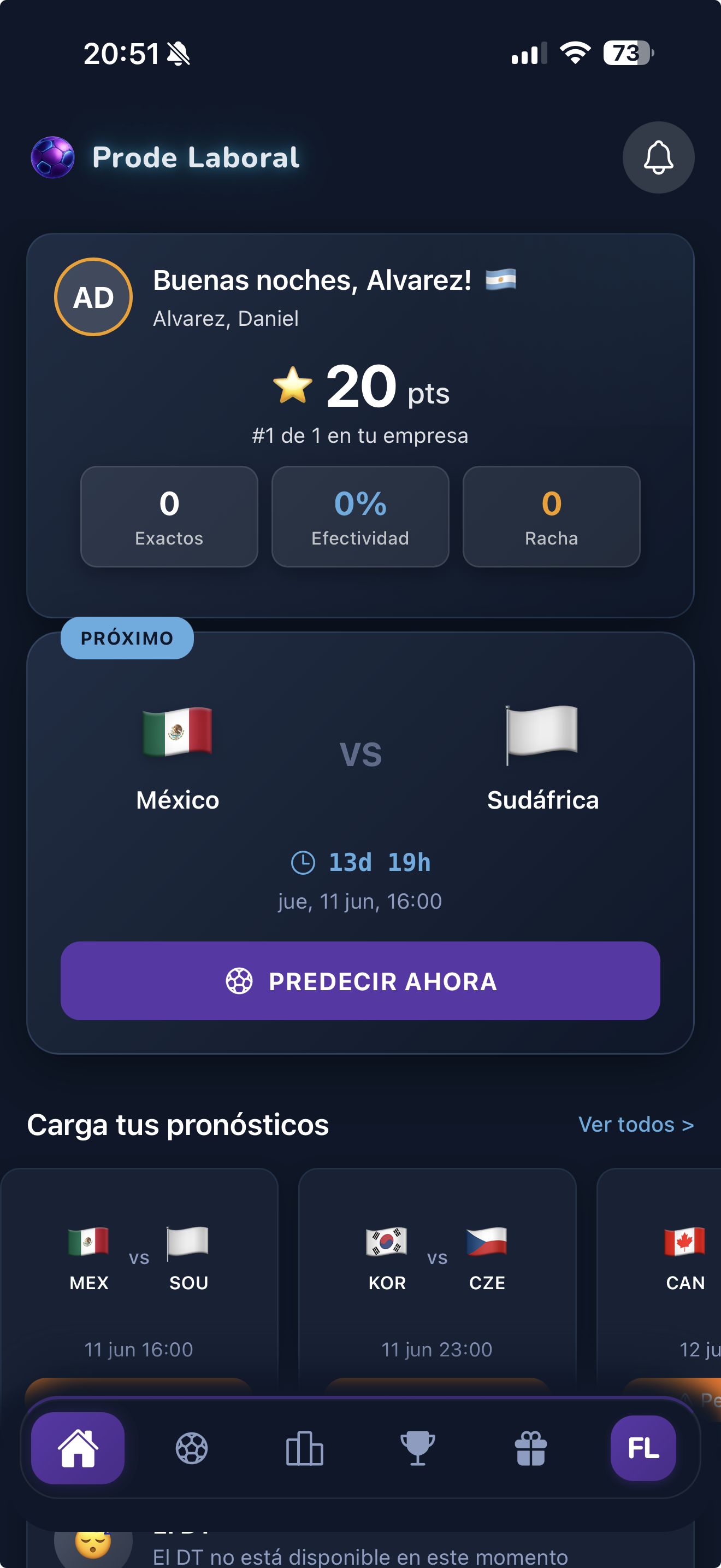 App Prode Laboral en uso con pronósticos del Mundial